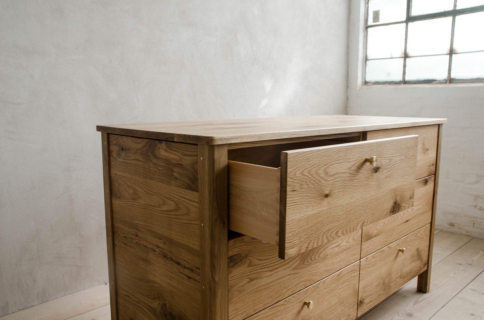 Lore Dresser With Open Drawer Closeup in Natural White Oak