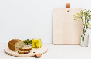 Scene Featuring Cooper Bread Boards in Bleached Maple With Bread & Olives 