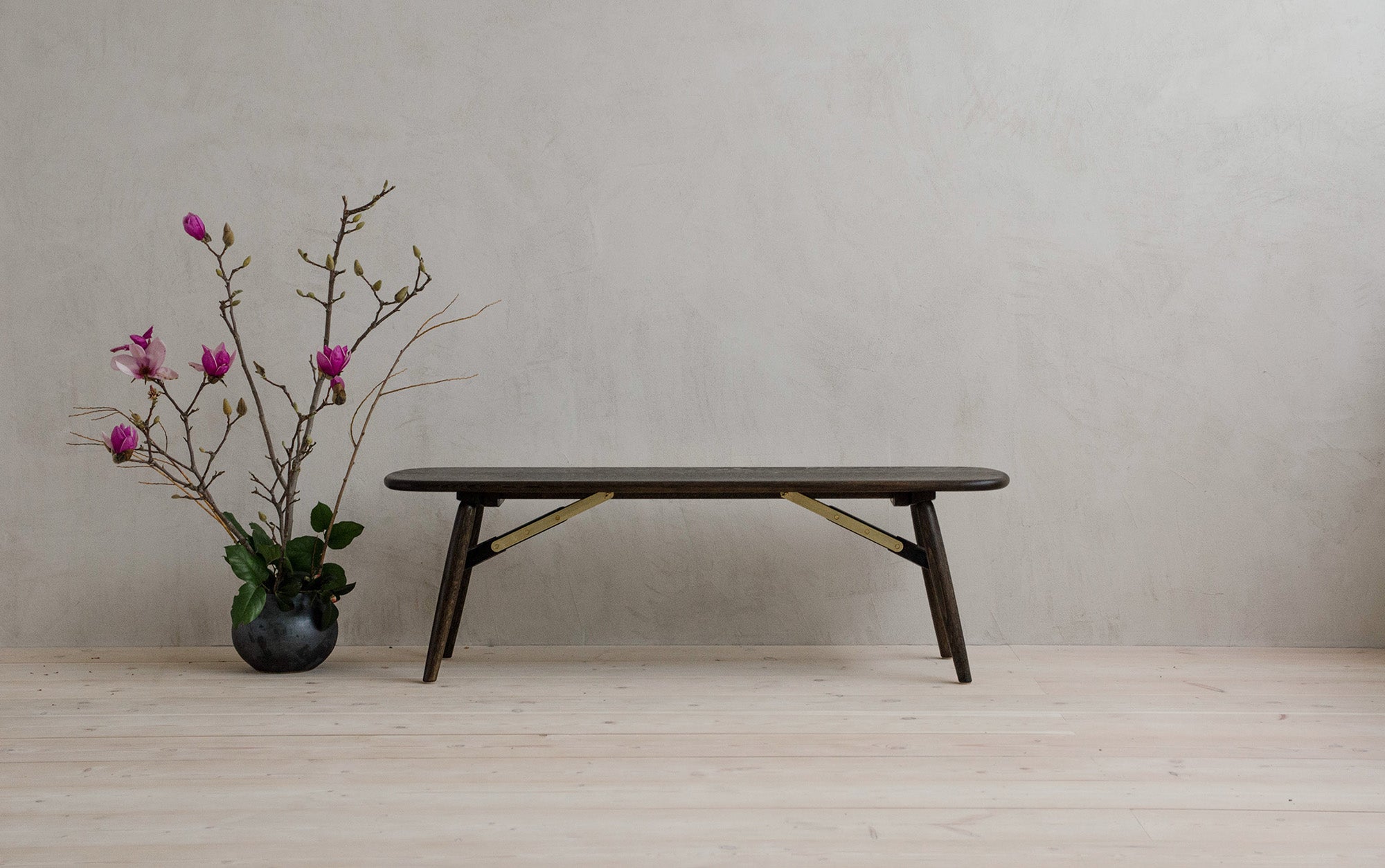 Oxidized Oak Nomad Bench With Brass Features Beside a Plant