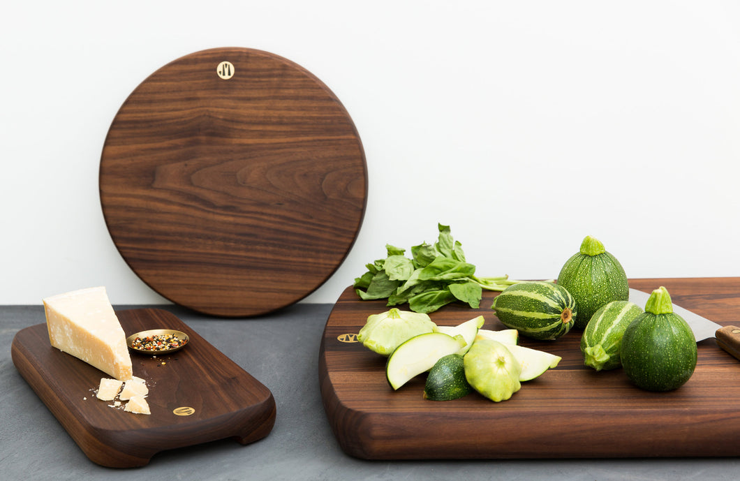 Three Hudson Cutting Boards in Black Walnut With Cheese and Vegitables
